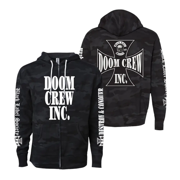 Black Camo Zip Hoodie featuring Doom Crew Inc. text and skull logo design