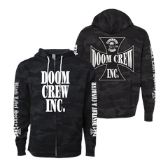 Black Camo Zip Hoodie featuring Doom Crew Inc. text and skull logo design