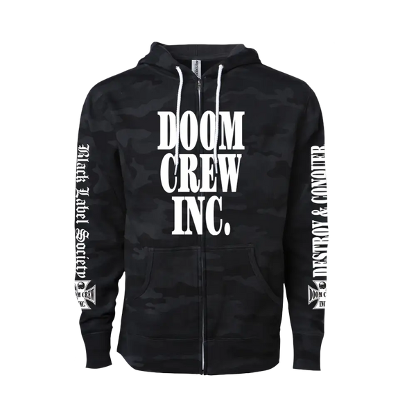 Black Camo Zip Hoodie featuring DOOM CREW INC. in white print on front and sleeves