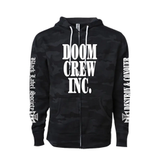 Black Camo Zip Hoodie featuring DOOM CREW INC. in white print on front and sleeves