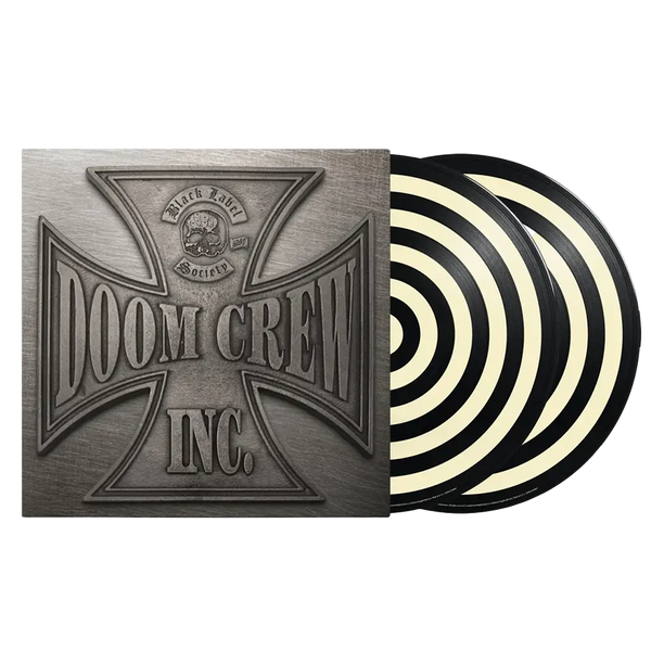 Metallic cross logo for Doom Crew Inc. on Bullseye Picture Disc with vinyl records