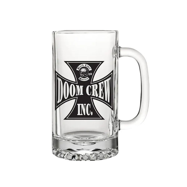 Glass beer mug featuring Doom Crew Inc. logo, perfect for Black Label Society fans