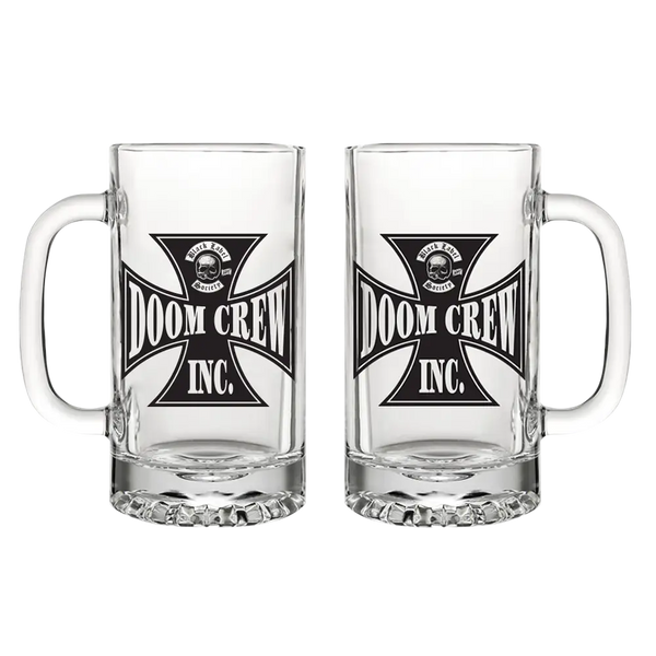 Two clear glass beer mugs featuring Doom Crew Inc. logos for Black Label Society fans