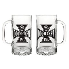 Two clear glass beer mugs featuring Doom Crew Inc. logos for Black Label Society fans