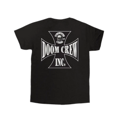 Black tee featuring Doom Crew Inc. logo with skull and cross design for collegiate style