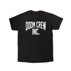 Black tee featuring white text ’DOOM CREW INC.’ on the back, part of collegiate black label