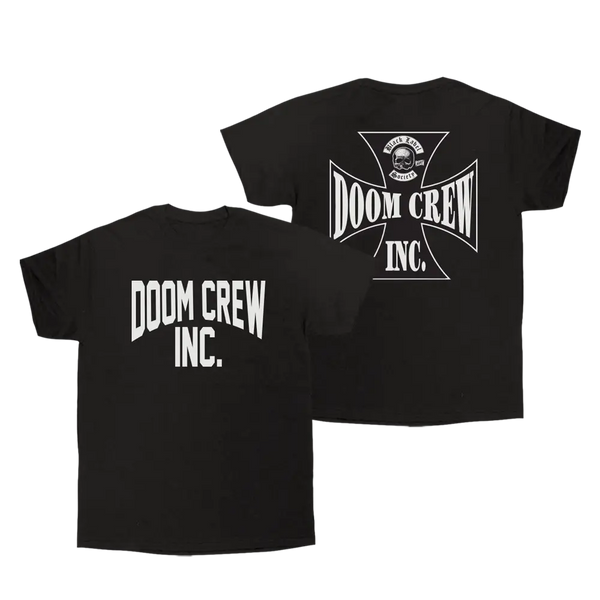 Black tee featuring Doom Crew Inc. design on the front and back of collegiate black tee