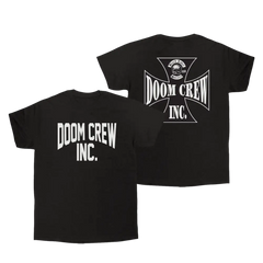 Black tee featuring Doom Crew Inc. design on the front and back of collegiate black tee