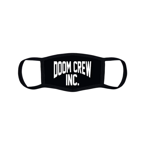 Black face mask with DOOM CREW INC. text, inspired by Black Label Society style