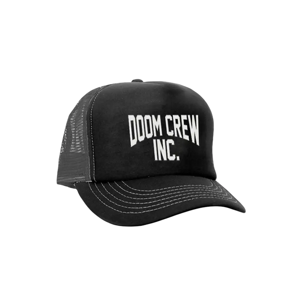 Black trucker hat with DOOM CREW INC. print, perfect collegiate trucker hat for fans