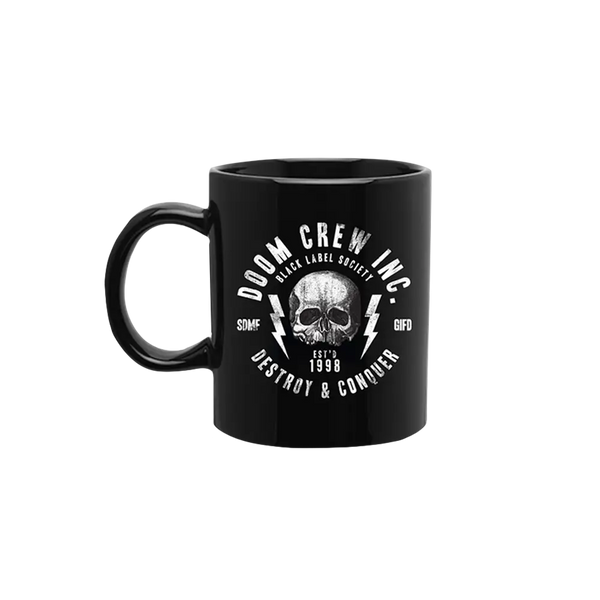 Black coffee mug featuring a skull design from Doom Crew Inc. for coffee lovers