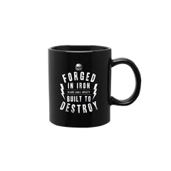 Black coffee mug featuring skull graphic and text, Doom Crew Inc. design