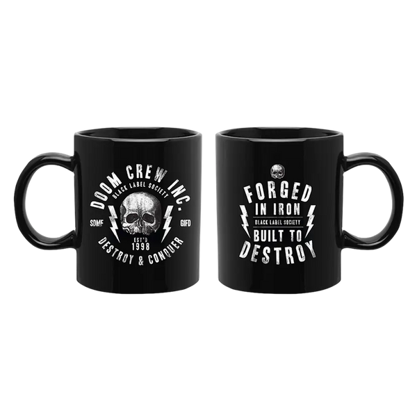 Two black coffee mugs with skull designs from Doom Crew Inc. Destroy & Conquer collection