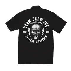 Black short-sleeved Doom Crew Destroy & Conquer workshirt with skull design