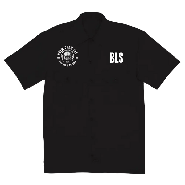 Black short-sleeved Doom Crew Destroy & Conquer workshirt with skull logo and BLS text