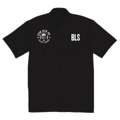 Black short-sleeved Doom Crew Destroy & Conquer workshirt with skull logo and BLS text