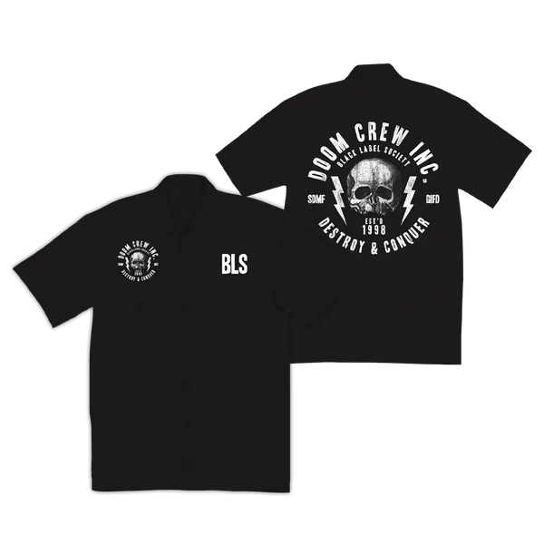 Black short-sleeved Doom Crew Destroy & Conquer workshirt with skull design