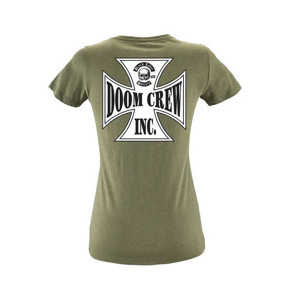 Olive green tee with Doom Crew Inc. logo featuring skull and cross design