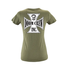 Olive green tee with Doom Crew Inc. logo featuring skull and cross design