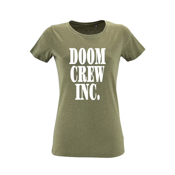 Olive green t-shirt with DOOM CREW INC. logo, perfect military green tee for casual wear