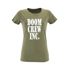 Olive green t-shirt with DOOM CREW INC. logo, perfect military green tee for casual wear