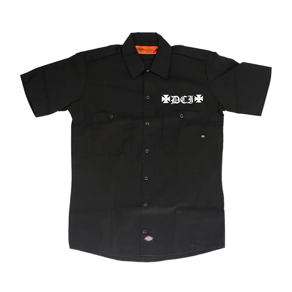 Black short-sleeved Doom Crew Inc. work shirt with white gothic lettering on chest