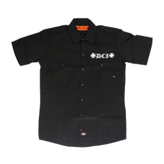 Black short-sleeved Doom Crew Inc. work shirt with white gothic lettering on chest