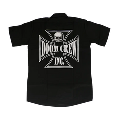 Black Doom Crew Inc. Workshirt featuring skull logo and cross-shaped text design