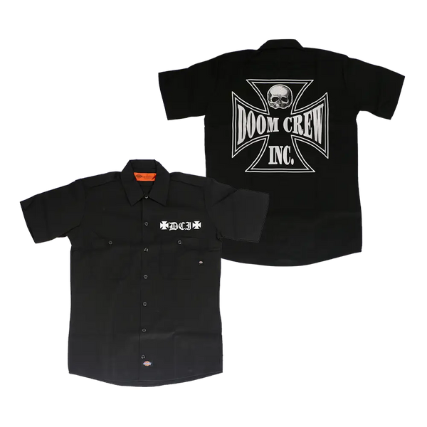 Black short-sleeved button-up Doom Crew Inc. Workshirt with skull logo on back