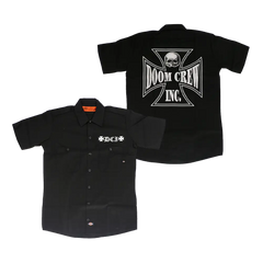 Black short-sleeved button-up Doom Crew Inc. Workshirt with skull logo on back