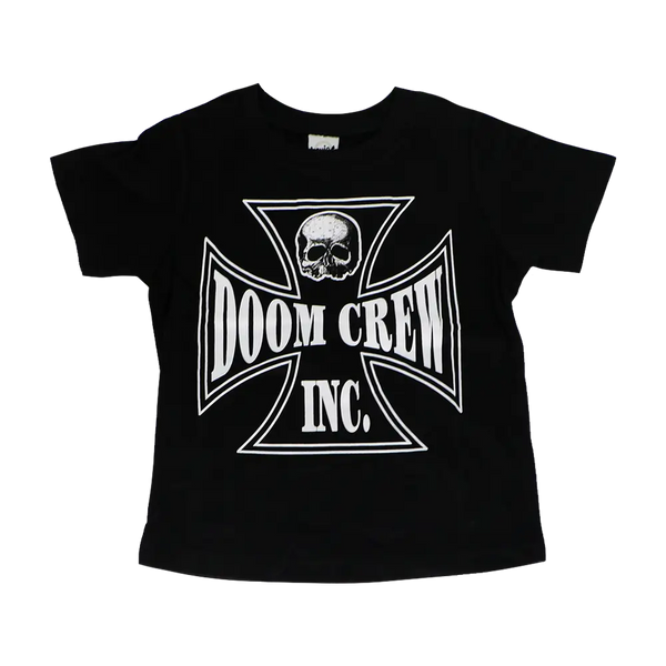 Black Doom Crew Inc Youth Tee featuring white skull and cross design