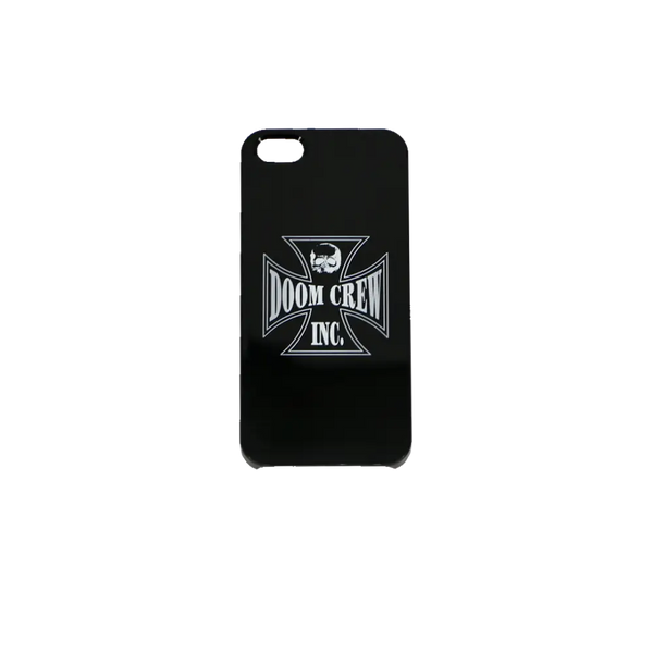 Black Doom Crew iPhone Cover featuring skull and cross design logo on phone case