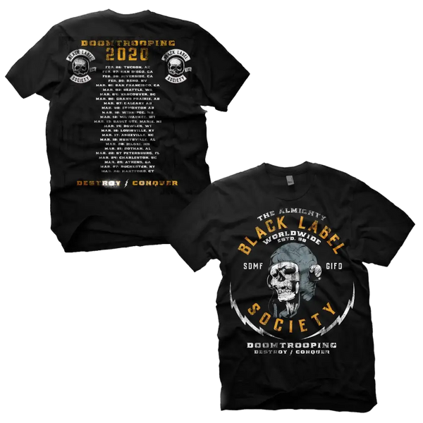 Black t-shirt featuring skull graphics for Doom Trooping 2020 Tour by Black Label Society