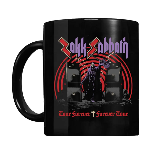 Black coffee mug with Zakk Sabbath design, red and purple text, Doomed Forever Mug