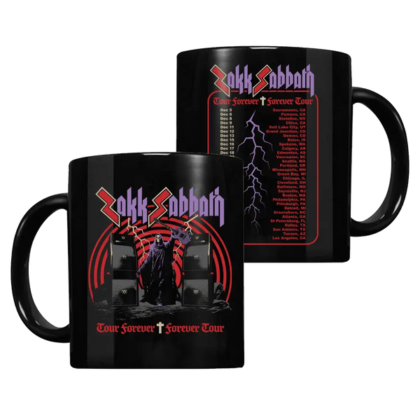 Black coffee mug with Black Sabbath artwork and tour dates, perfect for Forever Doomed fans