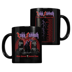 Black coffee mug with Black Sabbath artwork and tour dates, perfect for Forever Doomed fans