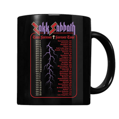 Black coffee mug with Zakk Sabbath tour dates and lightning bolt design, Doomed Forever Mug