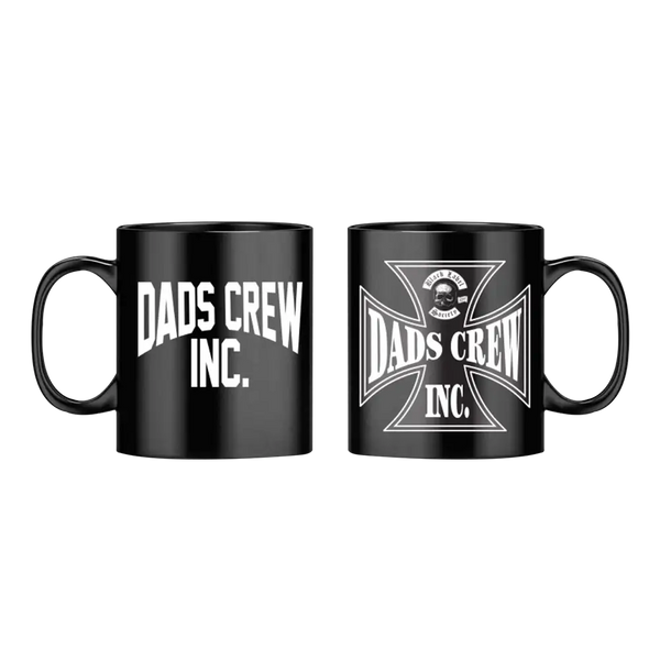 Two black coffee mugs with Dads Crew Inc. designs for Father’s Day gift ideas