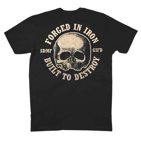 Black t-shirt with skull design and Forged in Iron Built to Destroy for Black Label Society fans