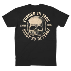 Black t-shirt with skull design and Forged in Iron Built to Destroy for Black Label Society fans