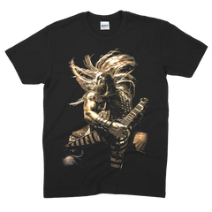 Black t-shirt with metallic gold dragon design playing electric guitar, inspired by Black Label Society