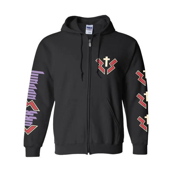 Black Grim Reaper Zip Hoodie featuring colorful graphic designs on sleeves and chest