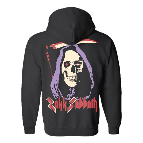 Black Grim Reaper Zip Hoodie with skull design and Black Sabbath text in red