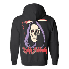 Black Grim Reaper Zip Hoodie with skull design and Black Sabbath text in red