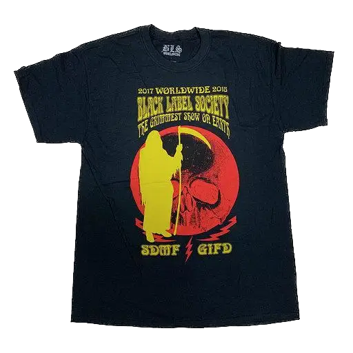 Black t-shirt featuring colorful skull graphic for Grimmest Show On Earth Tour Tee