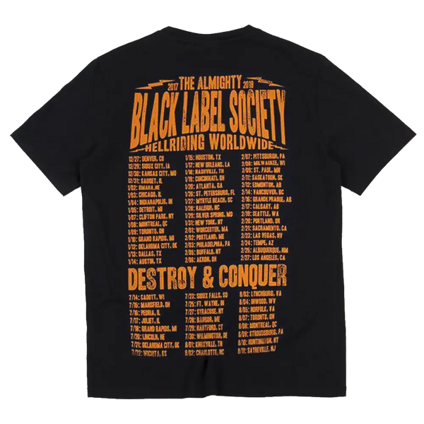 Black t-shirt with orange tour dates for Black Label Society and Hell Riding Worldwide design