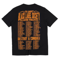 Black t-shirt with orange tour dates for Black Label Society and Hell Riding Worldwide design