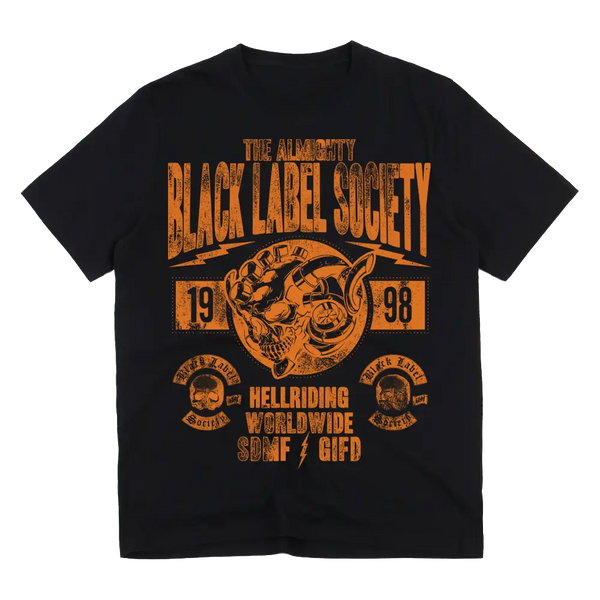 Black t-shirt featuring Black Label Society design with skull, Hell Riding Worldwide Mens Tee