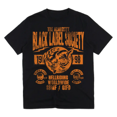 Black t-shirt featuring Black Label Society design with skull, Hell Riding Worldwide Mens Tee