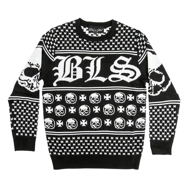 Black and white Jacquard Skully Sweater with BLS text and skull motifs from Black Label Society